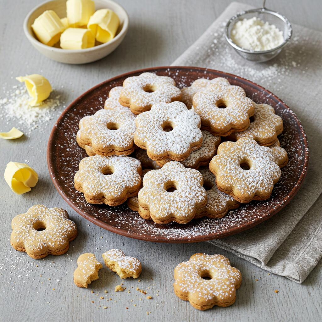 Canestrelli biscuits with a flower shape and powdered sugar on top arranged on a ceramic plate with a few scattered on a linen cloth