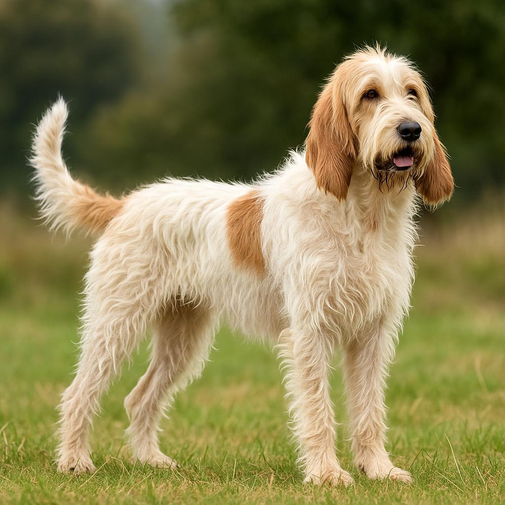 Shaggy tricolor hound standing in grassy meadow.