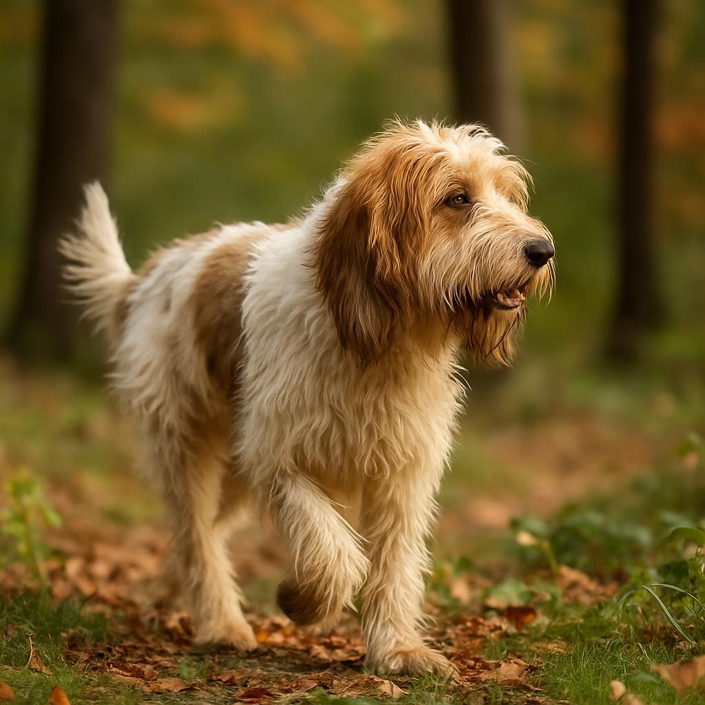 Shaggy tricolor hound walking through autumn forest light.
