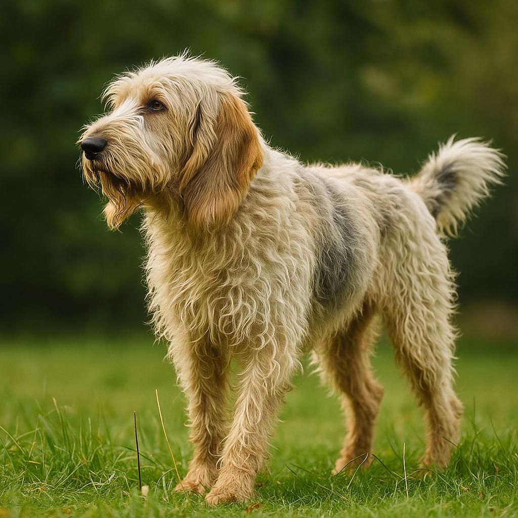 Shaggy-coated hound standing tall in grassy clearing.