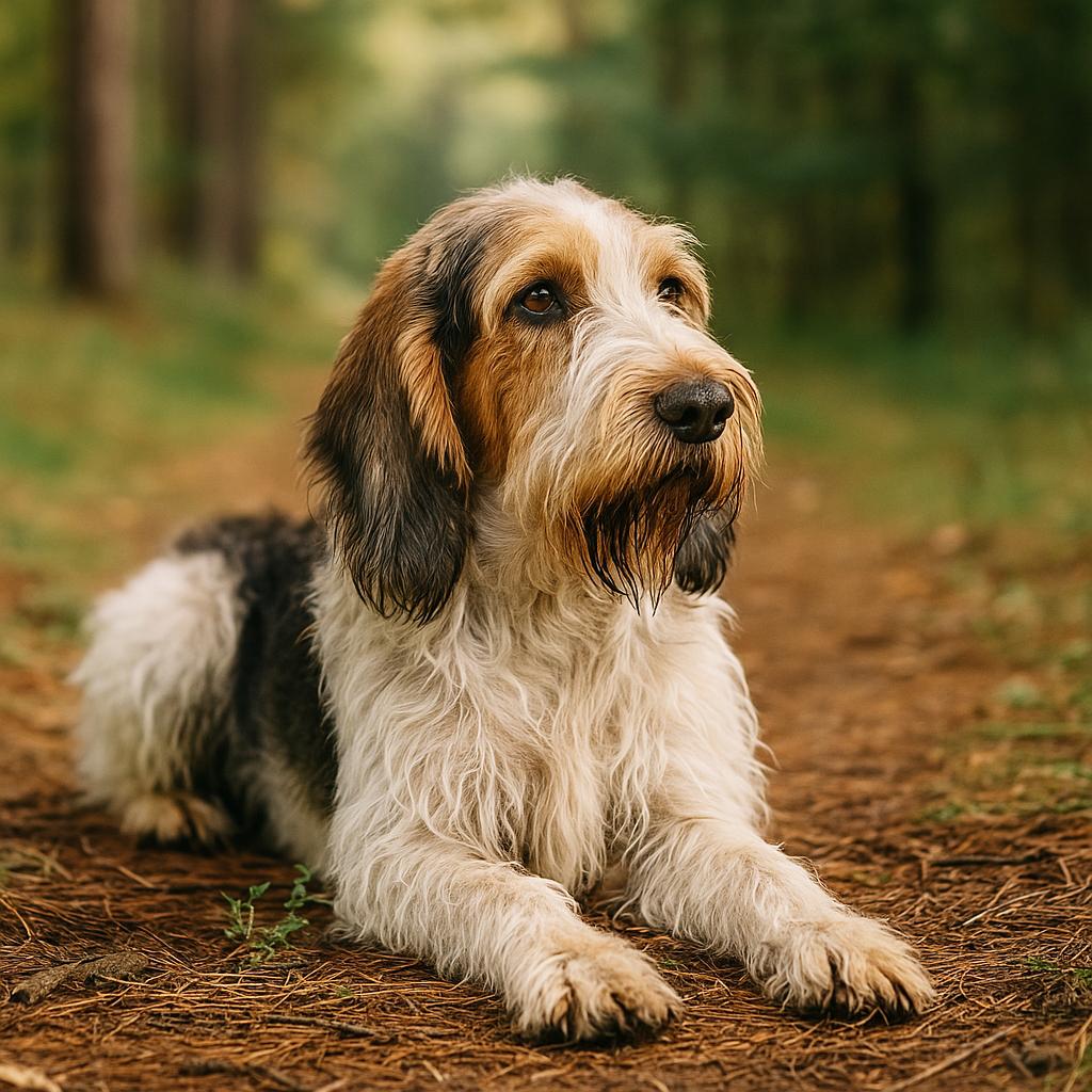 Tricolor hound resting alertly on pine-covered forest trail.