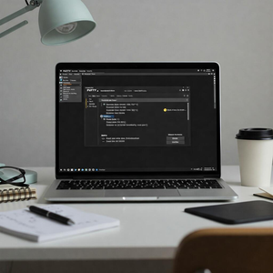 Laptop screen displaying PuTTY terminal session settings to prevent timeout disconnection.