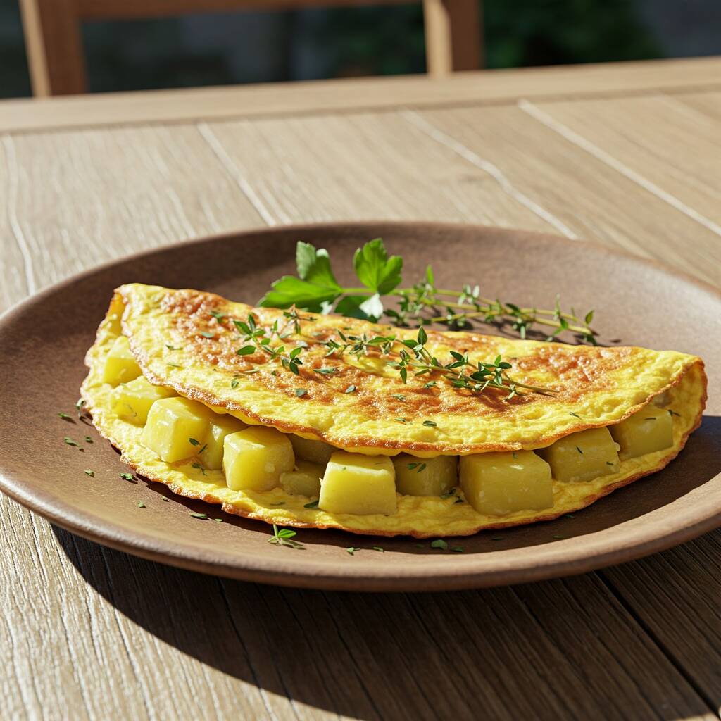 A classic potato omelette served on a rustic plate, with golden crispy edges and soft, fluffy interior, garnished with fresh herbs