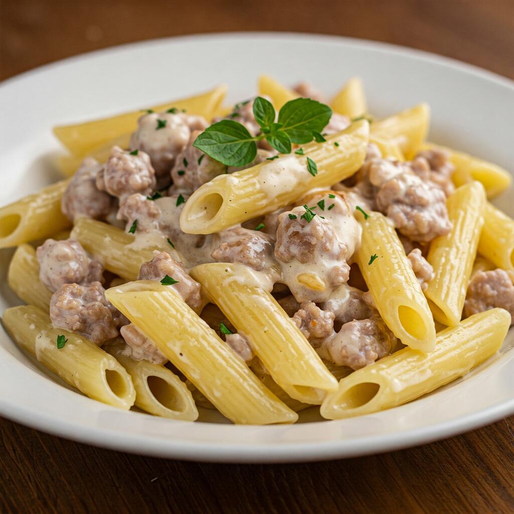 A plate of penne pasta with crumbled sausage and creamy sauce, garnished with herbs and served on a rustic wooden table