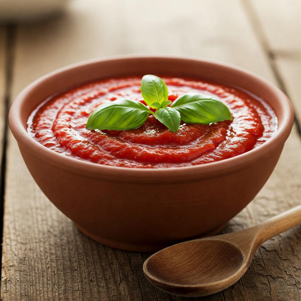 A bowl of classic tomato sauce with a rich red color, garnished with fresh basil leaves and served with a wooden spoon
