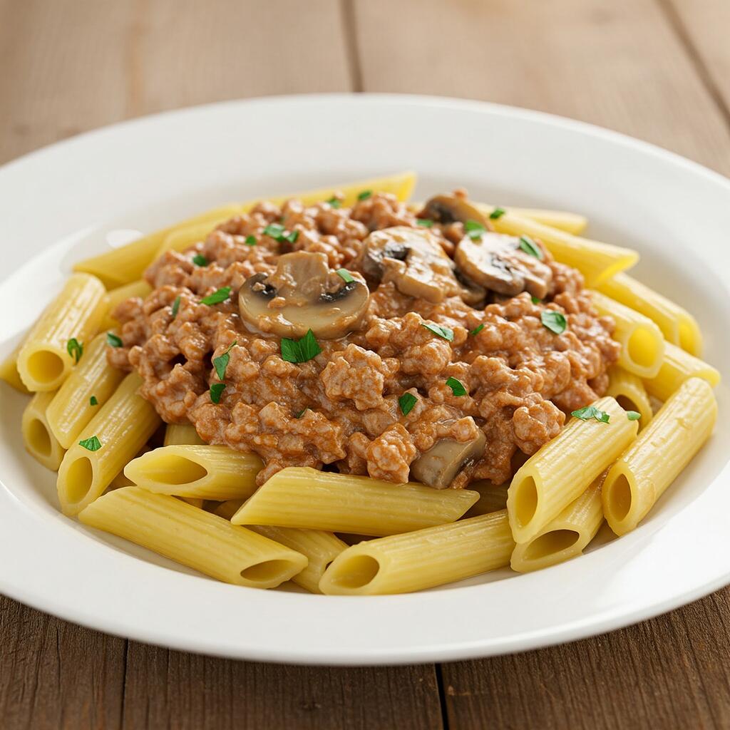 A plate of penne alla boscaiola with mushrooms, sausage, and a creamy sauce, garnished with fresh parsley