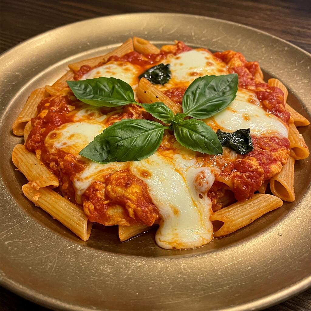 A unique dish of pasta topped with pizza ingredients, including melted cheese, tomatoes, and basil, served on a rustic plate