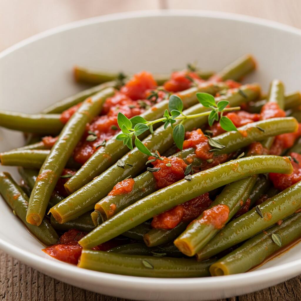 A bowl of green beans in a rich tomato sauce, garnished with fresh herbs, served on a rustic wooden table