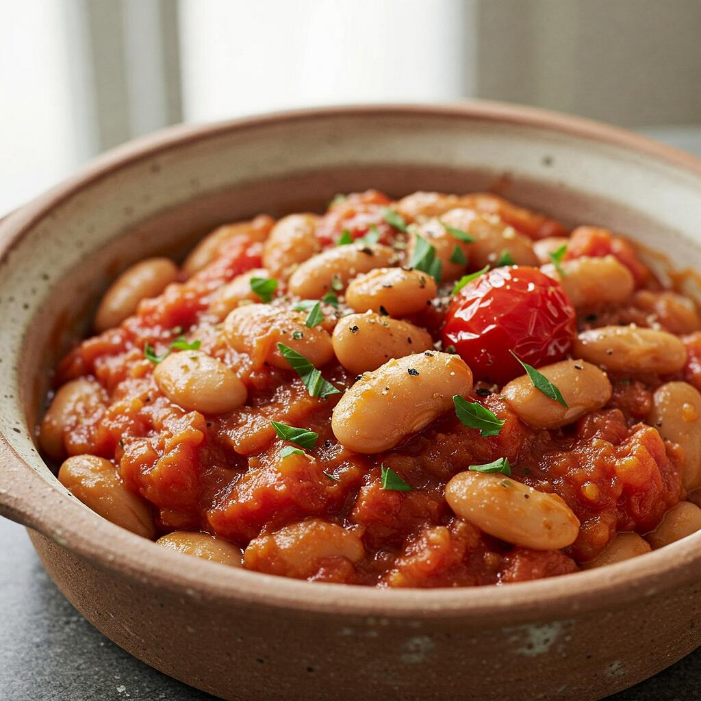 A bowl of sauce with borlotti beans, tomatoes, and herbs, served in a rustic dish