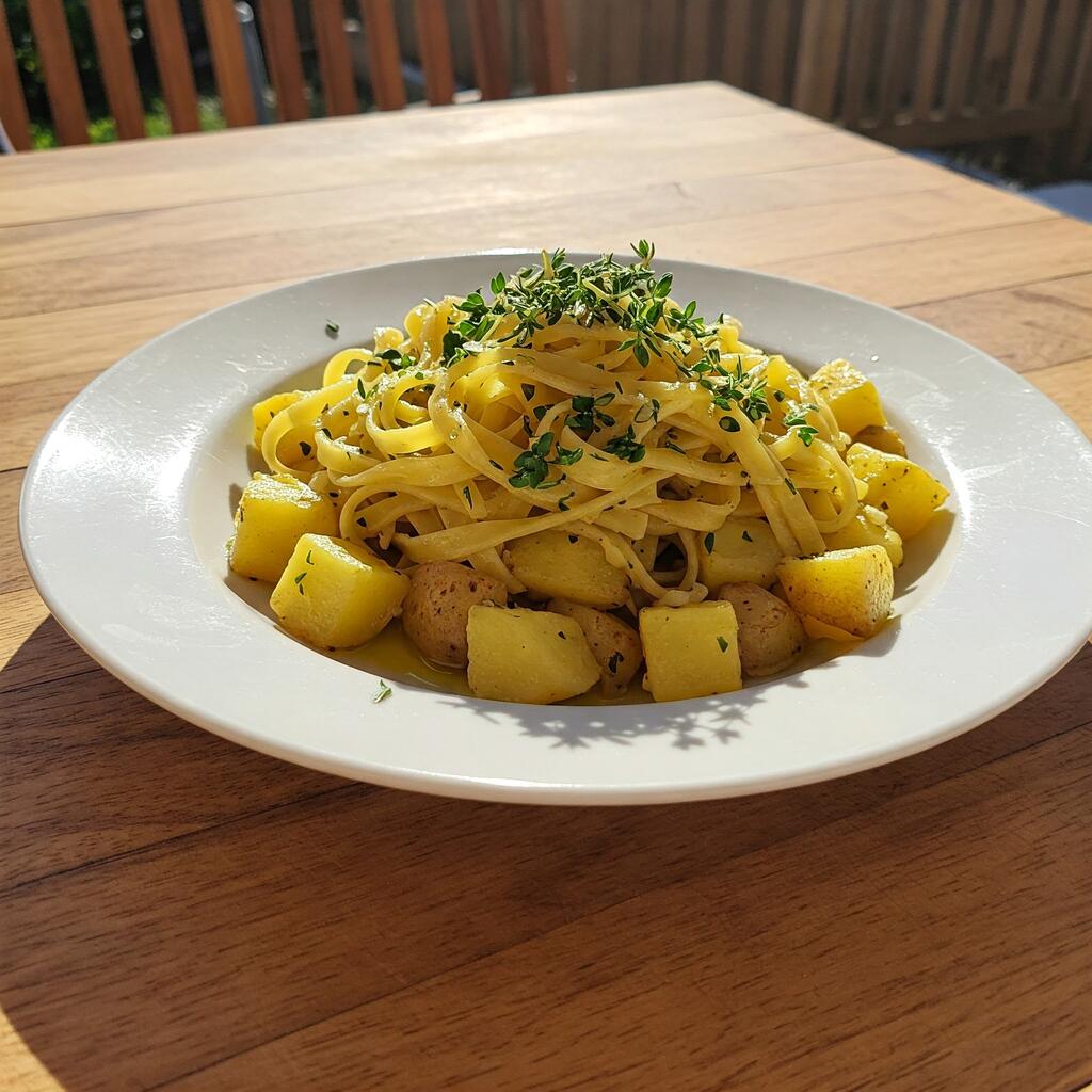 A plate of pasta with tender potato chunks, drizzled with olive oil and garnished with fresh herbs