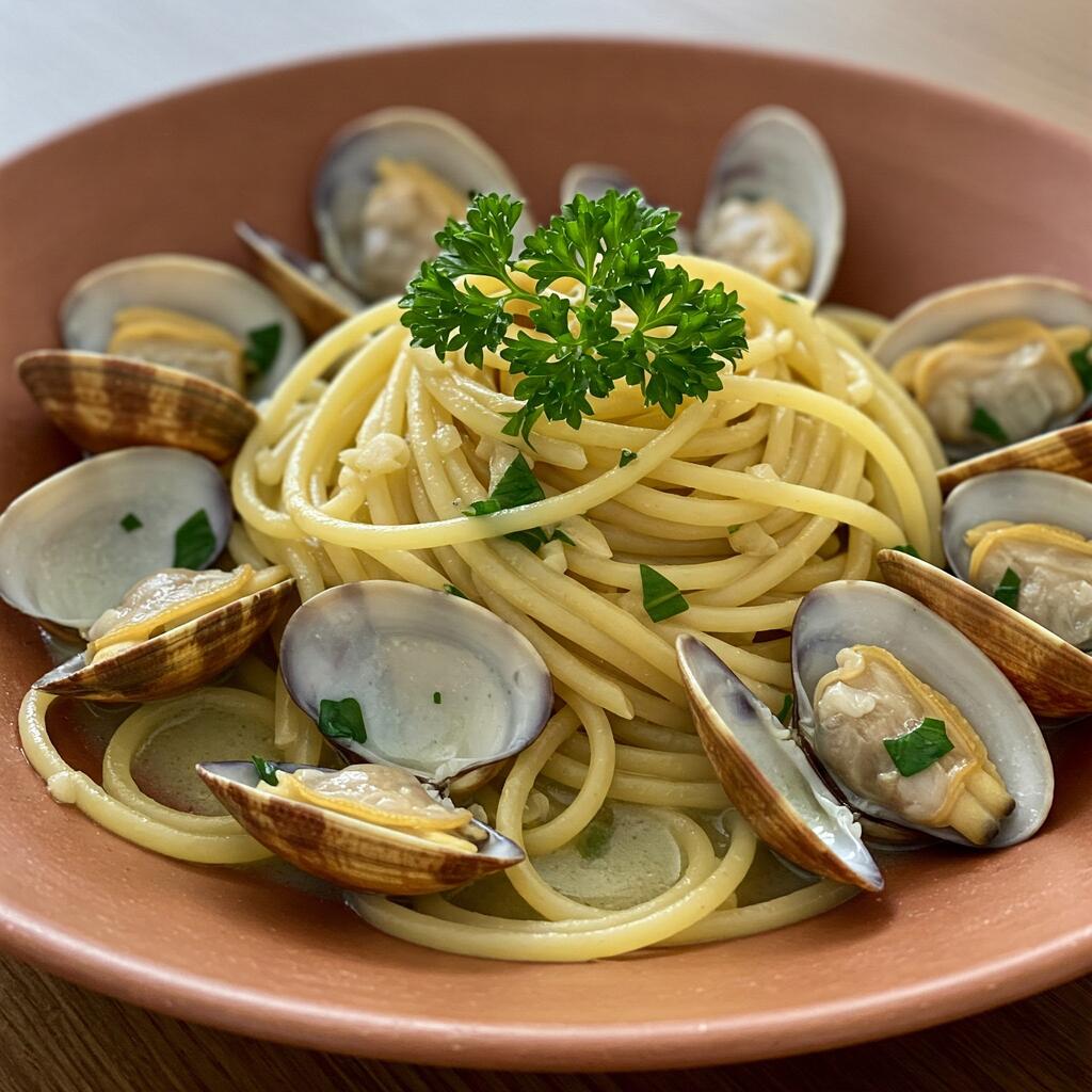 A plate of spaghetti with tender clams, garlic, and a light white wine sauce, garnished with fresh parsley