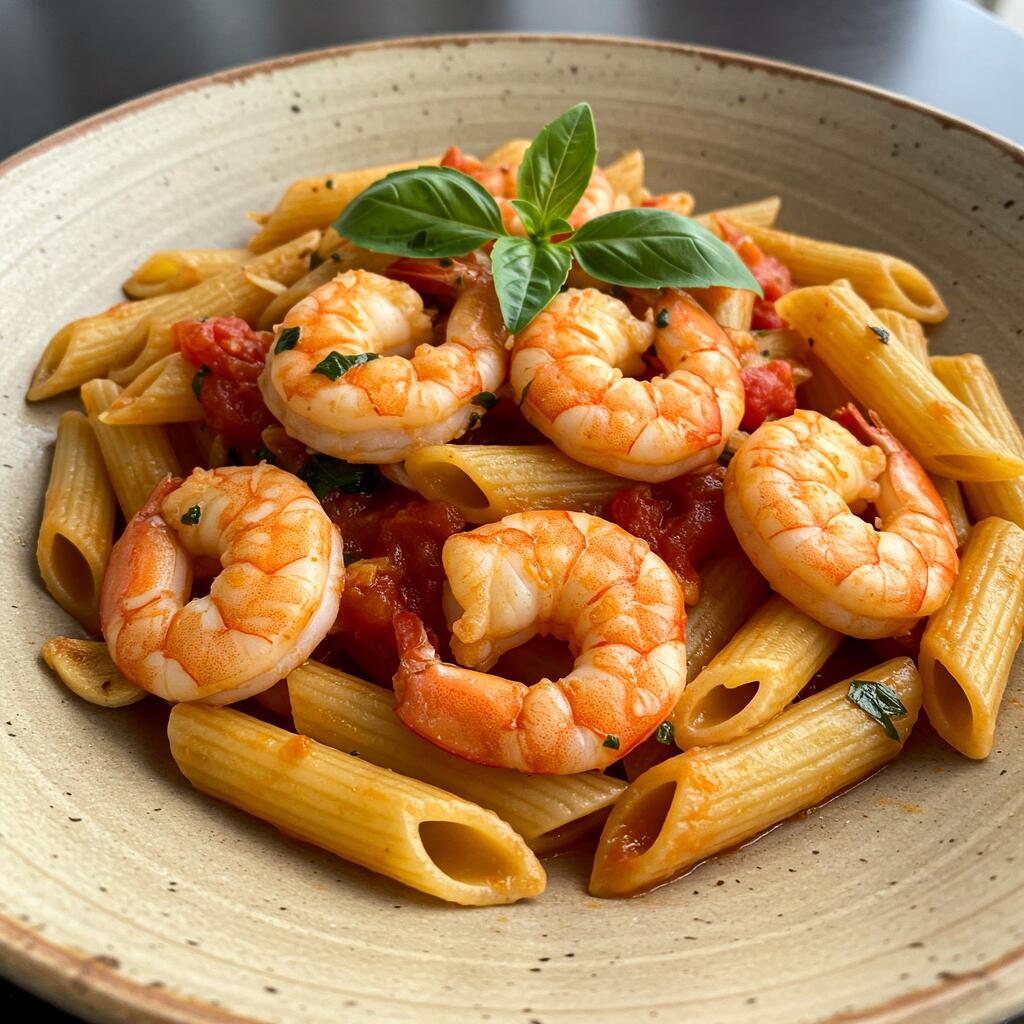 A plate of penne pasta with tender scampi, garlic, and a light tomato sauce, garnished with fresh herbs