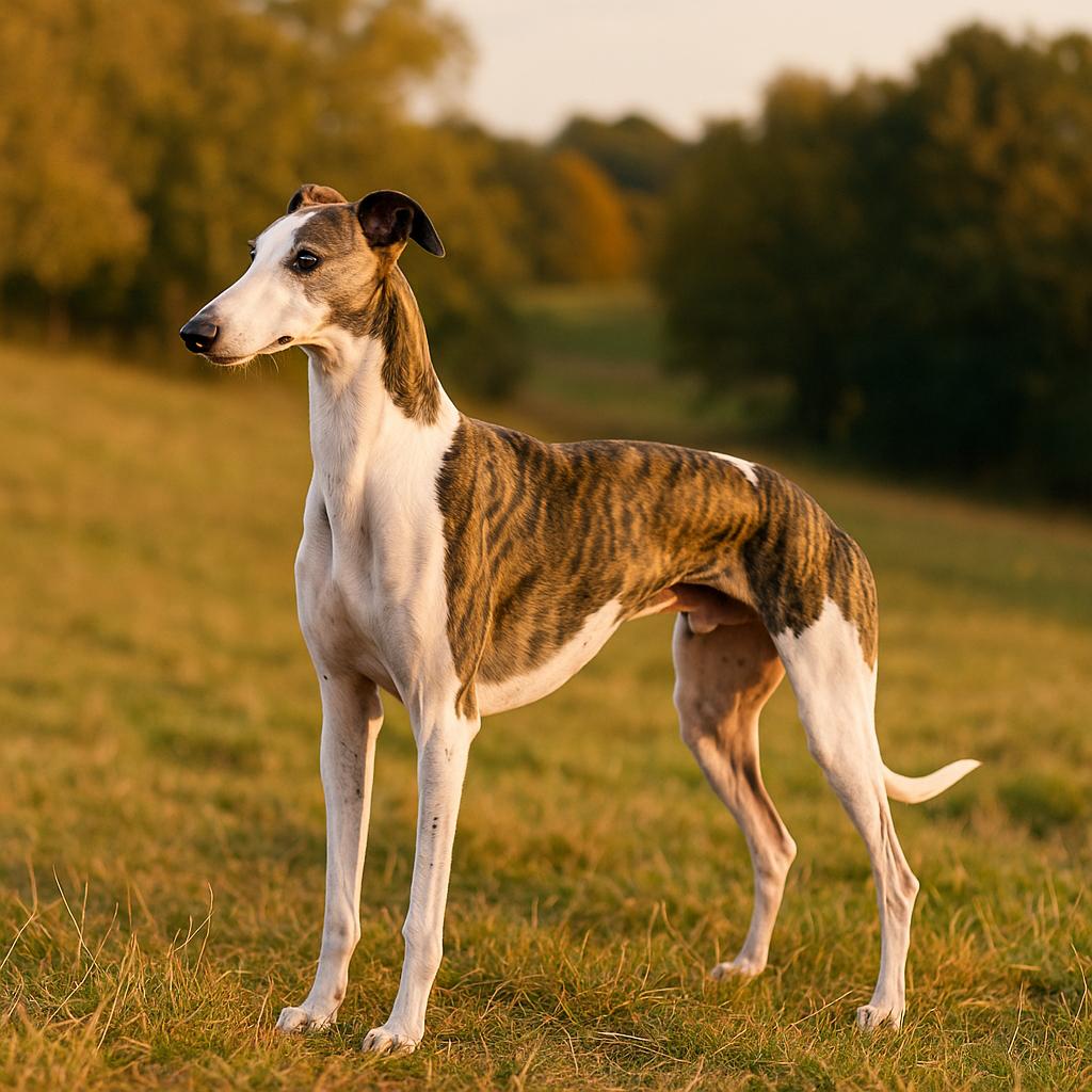 Brindle and white hound standing alert in golden field.
