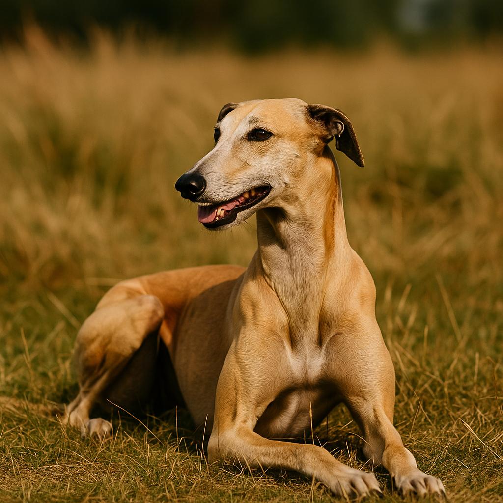 Fawn greyhound reclining peacefully in sunlit dry grass.