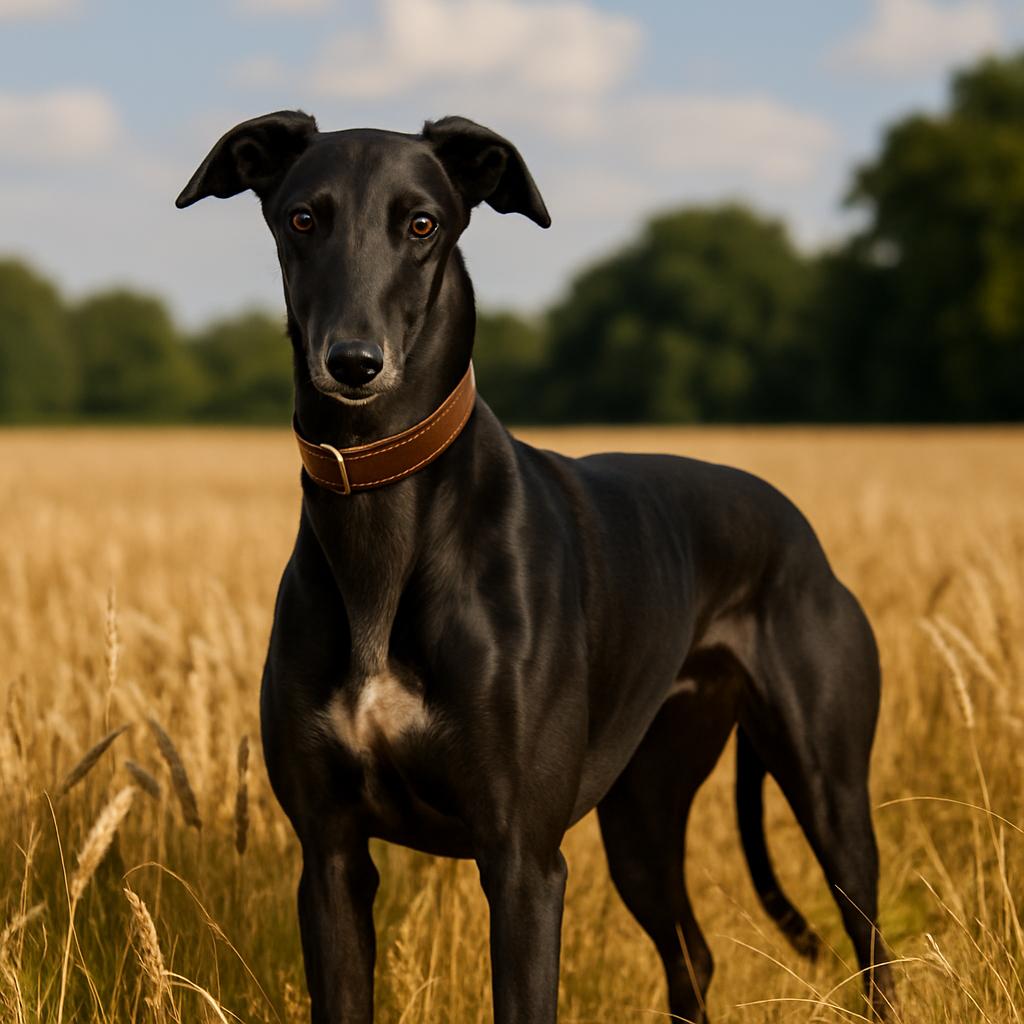 Glossy black greyhound standing still in golden wheat field.