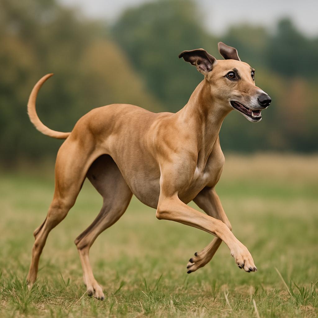 Fawn greyhound sprinting across vibrant autumn meadow.