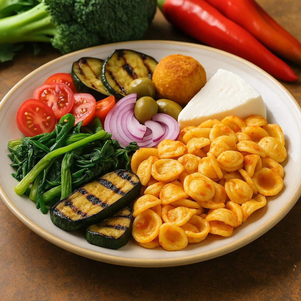 A beautifully arranged plate of Apulian cuisine showcasing local specialties with vibrant colors, highlighting fresh vegetables, pasta, and traditional elements.