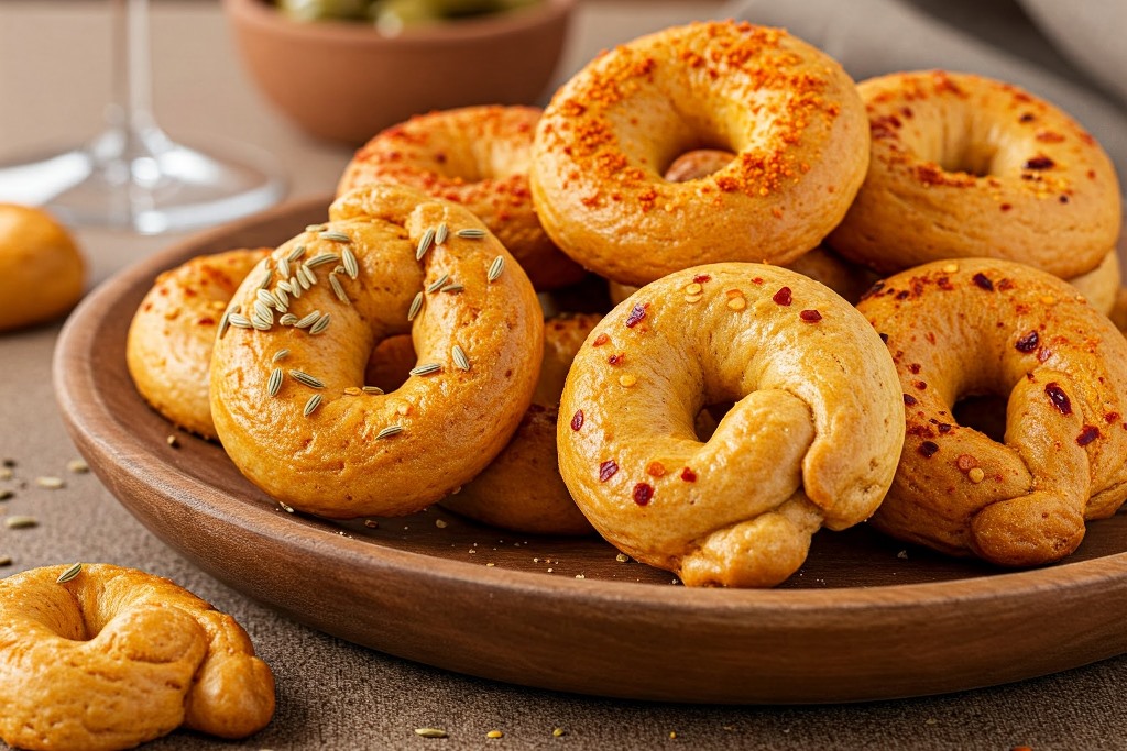 A plate of freshly baked taralli, showcasing golden-brown, ring-shaped snacks seasoned with fennel seeds and perfect for an aperitif or snack.
