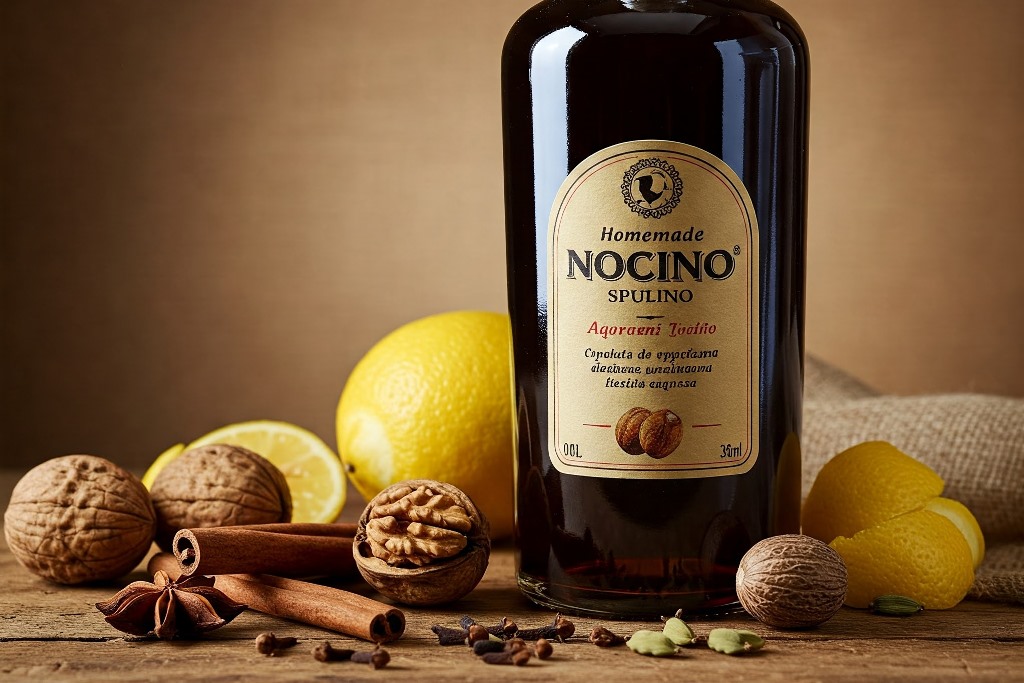 A bottle of homemade Apulian nocino, a dark walnut liqueur, with walnuts, cinnamon sticks, cloves, and lemon peel displayed around it, emphasizing the rustic and aromatic ingredients.