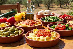 A beautifully arranged plate of Apulian cuisine showcasing local specialties with vibrant colors, highlighting fresh vegetables, pasta, and traditional elements.