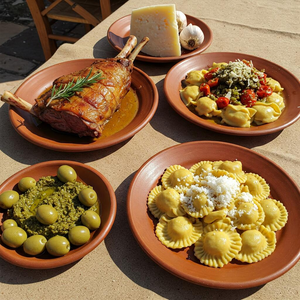 An array of traditional Sardinian dishes featuring vibrant colors, showcasing local ingredients such as pecorino cheese, olives, fresh herbs, and meats like lamb, all beautifully plated in rustic, traditional style.
