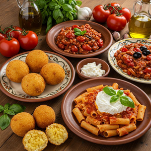 Typical Sicilian dishes – colorful plates featuring pasta, seafood, and traditional desserts, highlighting Sicily’s rich and diverse culinary heritage.