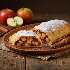 A delicious image showcasing a traditional apple strudel, with golden, flaky pastry filled with spiced apples, raisins, and cinnamon, served on a rustic plate with a light dusting of powdered sugar.