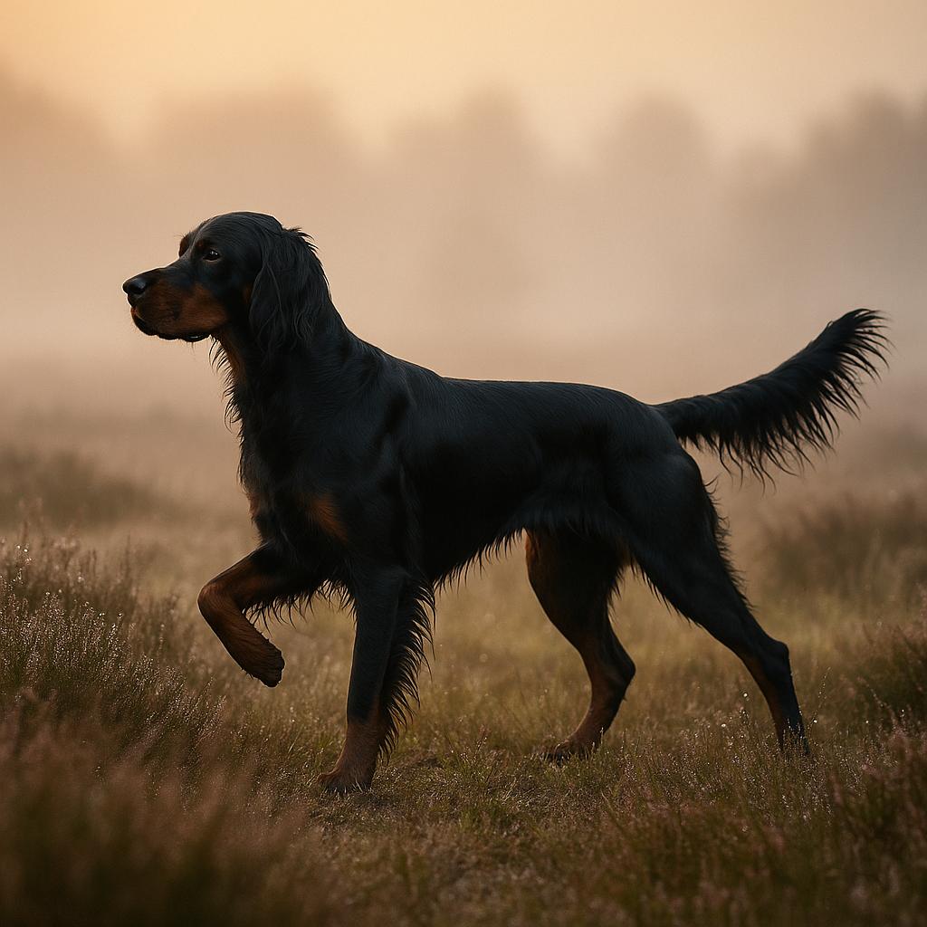 Elegant black-and-tan setter pointing across dewy heather at dawn.