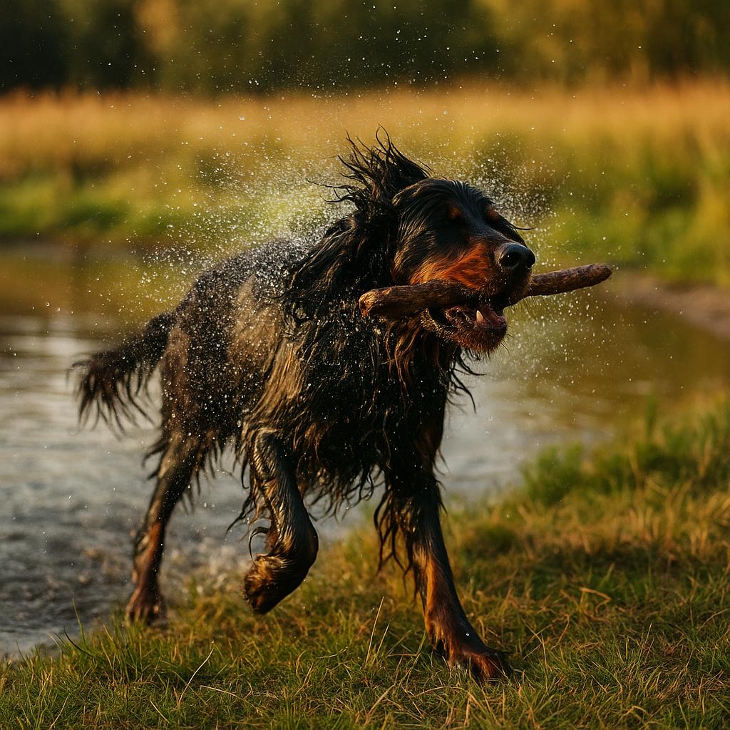 Water-shaken setter splashing from pond with stick.