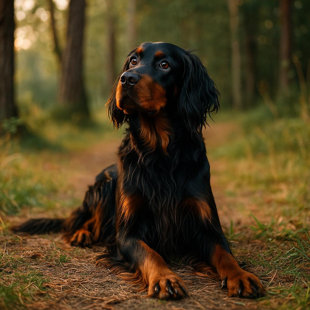 Attentive black-and-tan setter lying calmly on forest path at dusk.