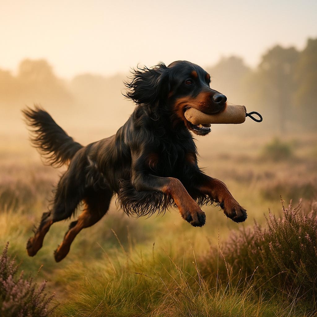 Airborne black-and-tan setter retrieving in misty moorland.