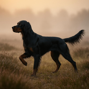 Elegant black-and-tan setter pointing across dewy heather at dawn.