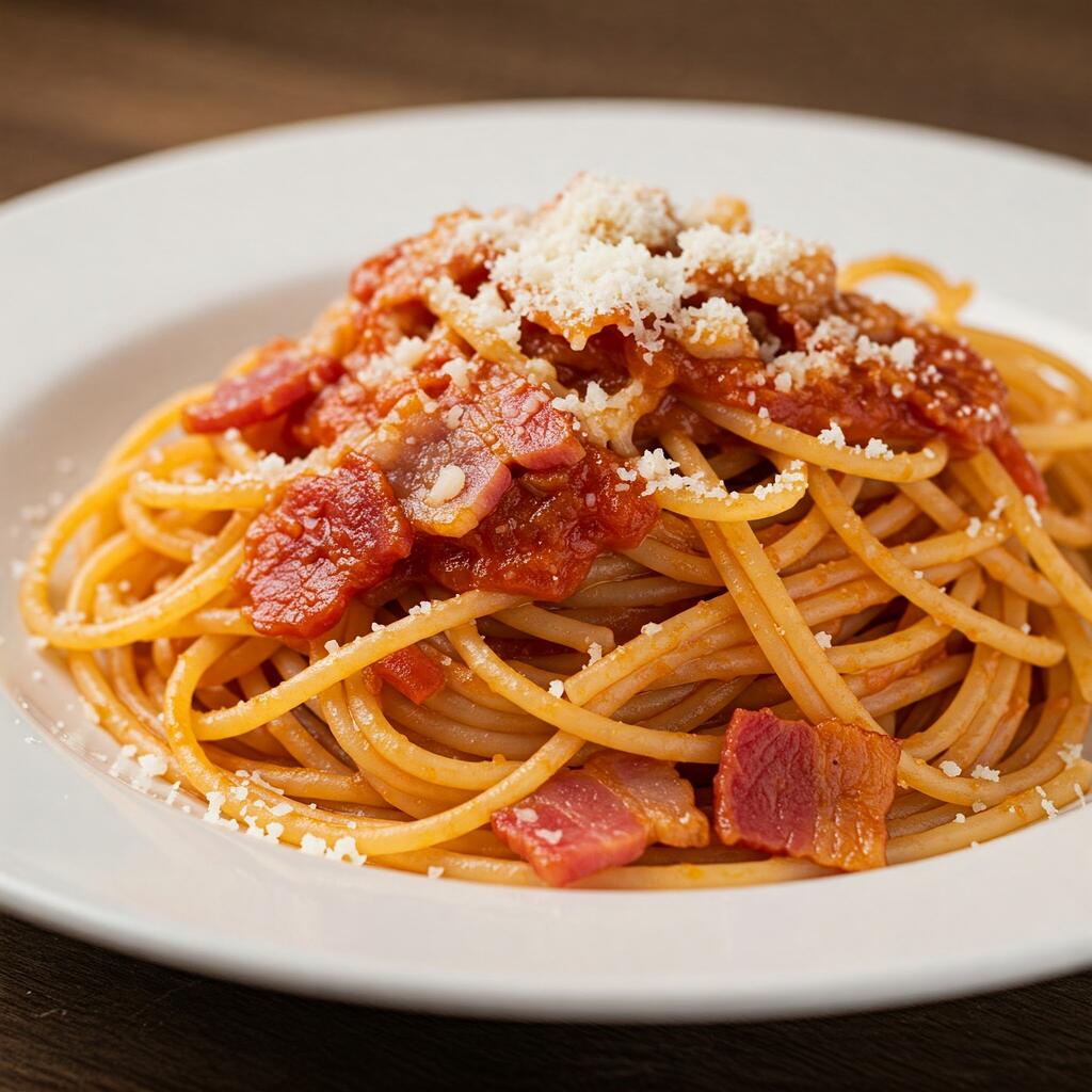 A plate of spaghetti all'amatriciana, featuring pasta coated in a rich tomato sauce with pancetta, topped with grated Pecorino cheese