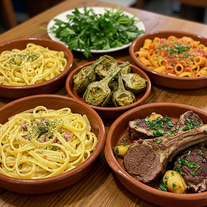 A collection of traditional Lazio dishes, including pasta, artichokes, and lamb, served in rustic bowls and garnished with fresh herbs
