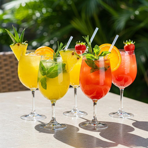 Refreshing non-alcoholic cocktails with fresh fruit and herbs on a summer table setting