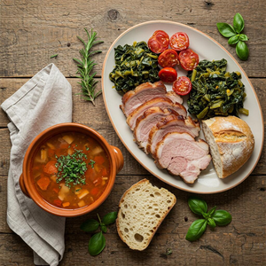 Traditional Pistoiese cuisine featuring rustic dishes like ribollita, roasted meats, and local vegetables on a wooden table
