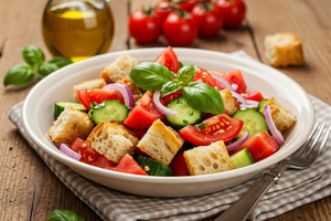A vibrant bowl of Tuscan Panzanella salad featuring bread, tomatoes, onions, and cucumbers, capturing the freshness and simplicity of traditional Italian ingredients.
