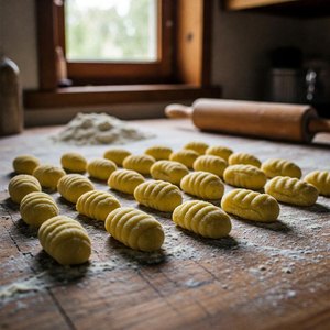 Freshly made homemade potato gnocchi on a floured wooden surface, ready to be cooked