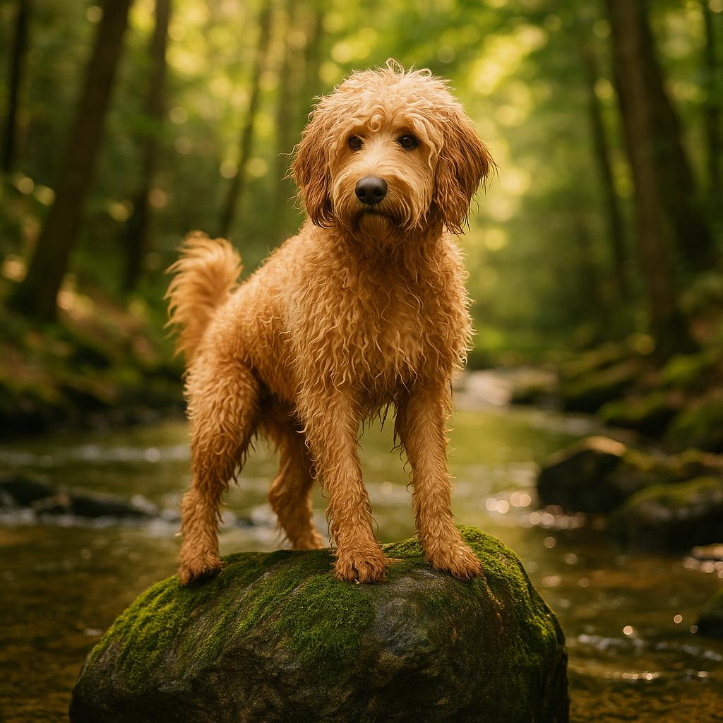 A beautiful goldendoodle on a rock.