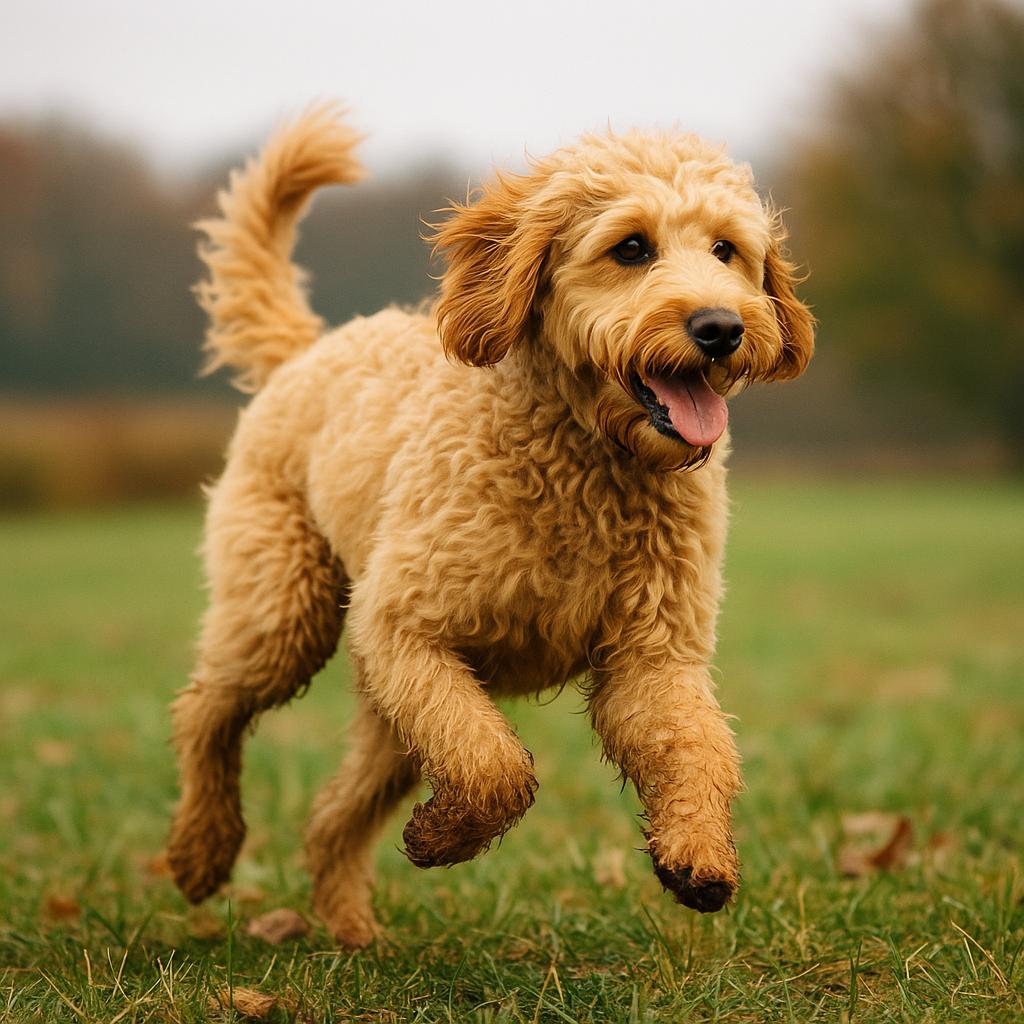 Fluffy wavy-coated doodle bounding joyfully across a misty field.