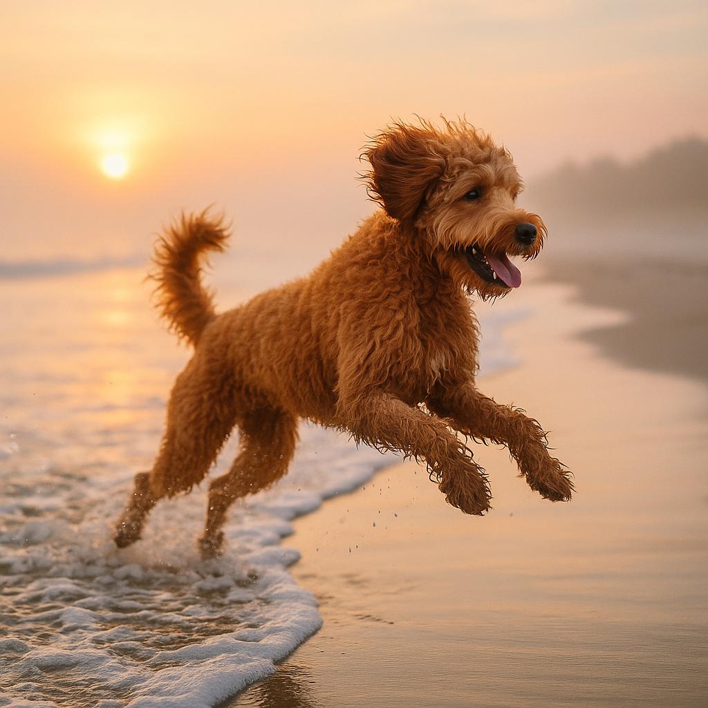 Curly red doodle leaping through dawn surf on sandy beach.