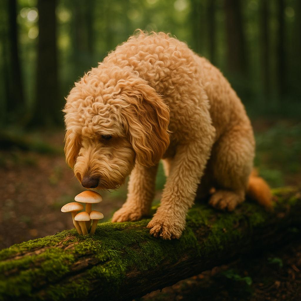 Mossy-log doodle curiously sniffing forest mushrooms.
