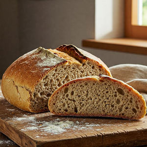 Freshly baked traditional Tuscan bread loaf with a golden crust and rustic texture on a wooden cutting board.