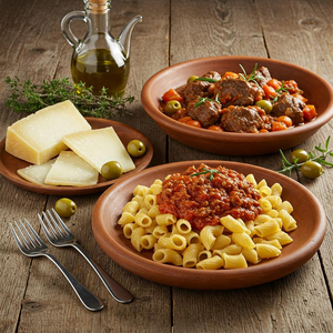 A variety of traditional Molise dishes, showcasing local ingredients like pasta, meats, and cheeses, beautifully presented on a rustic table.
