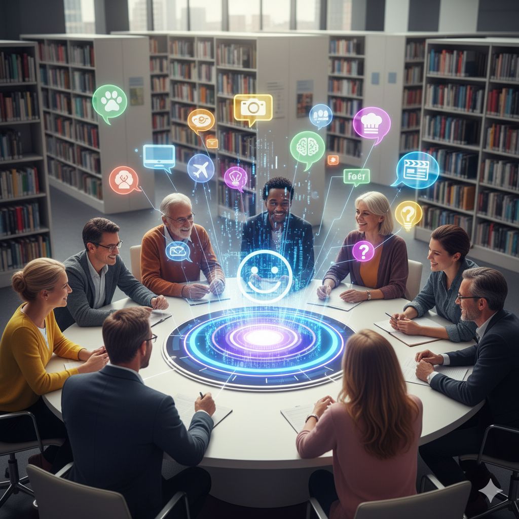 Several people sitting around a table in a library, with thought icons and a smile emoji emerging from the center, symbolizing dialogue and sharing ideas.