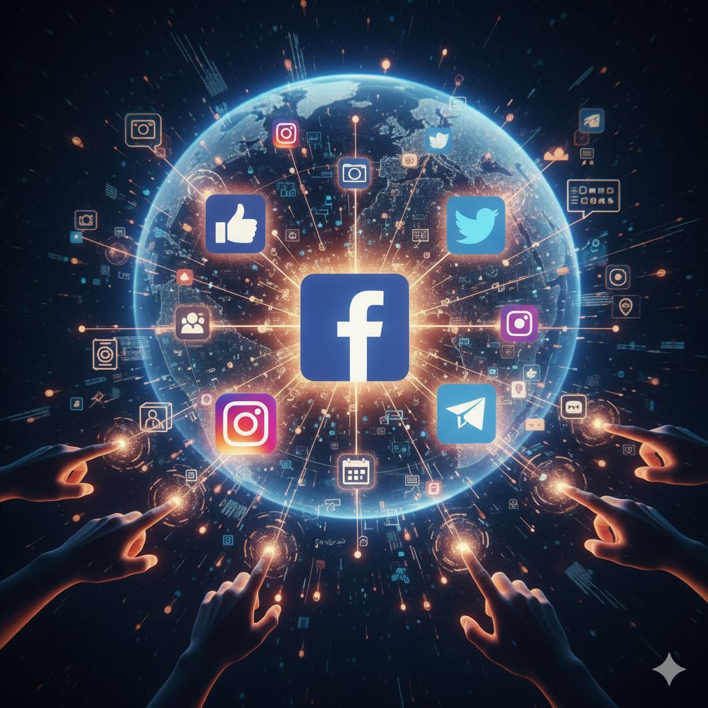 A digital illustration of social media icons, with Facebook at the center, floating over a glowing globe as multiple hands interact with the network.
