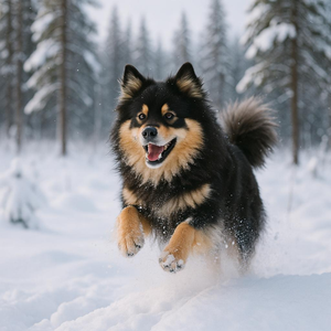 Lapinkoira bounding through snow