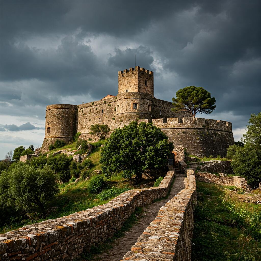 Historic stone fortress in Serravalle surrounded by greenery and dramatic skies, captured during a photo walk