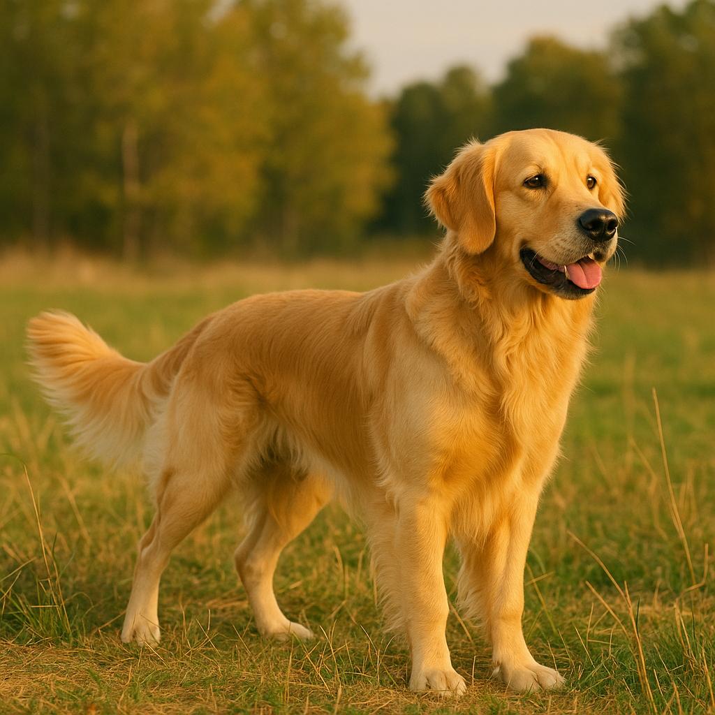 Golden retriever standing proud in sunlit meadow.