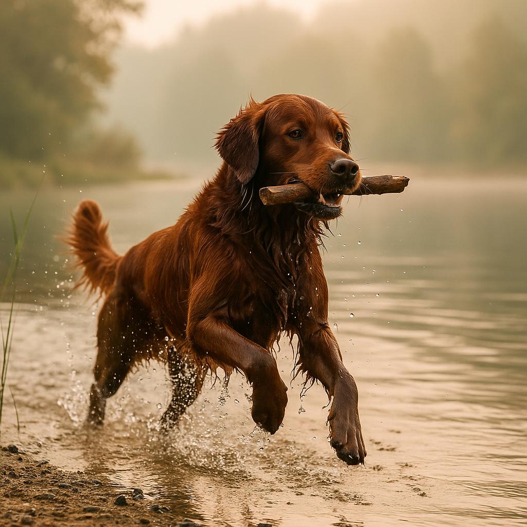 Dark golden retriever leaping from lake with stick.